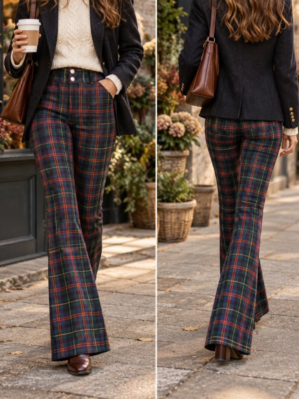 Alice + Olivia Tartan Plaid Flare Pants Navy Green Red Cotton Blend Size 6